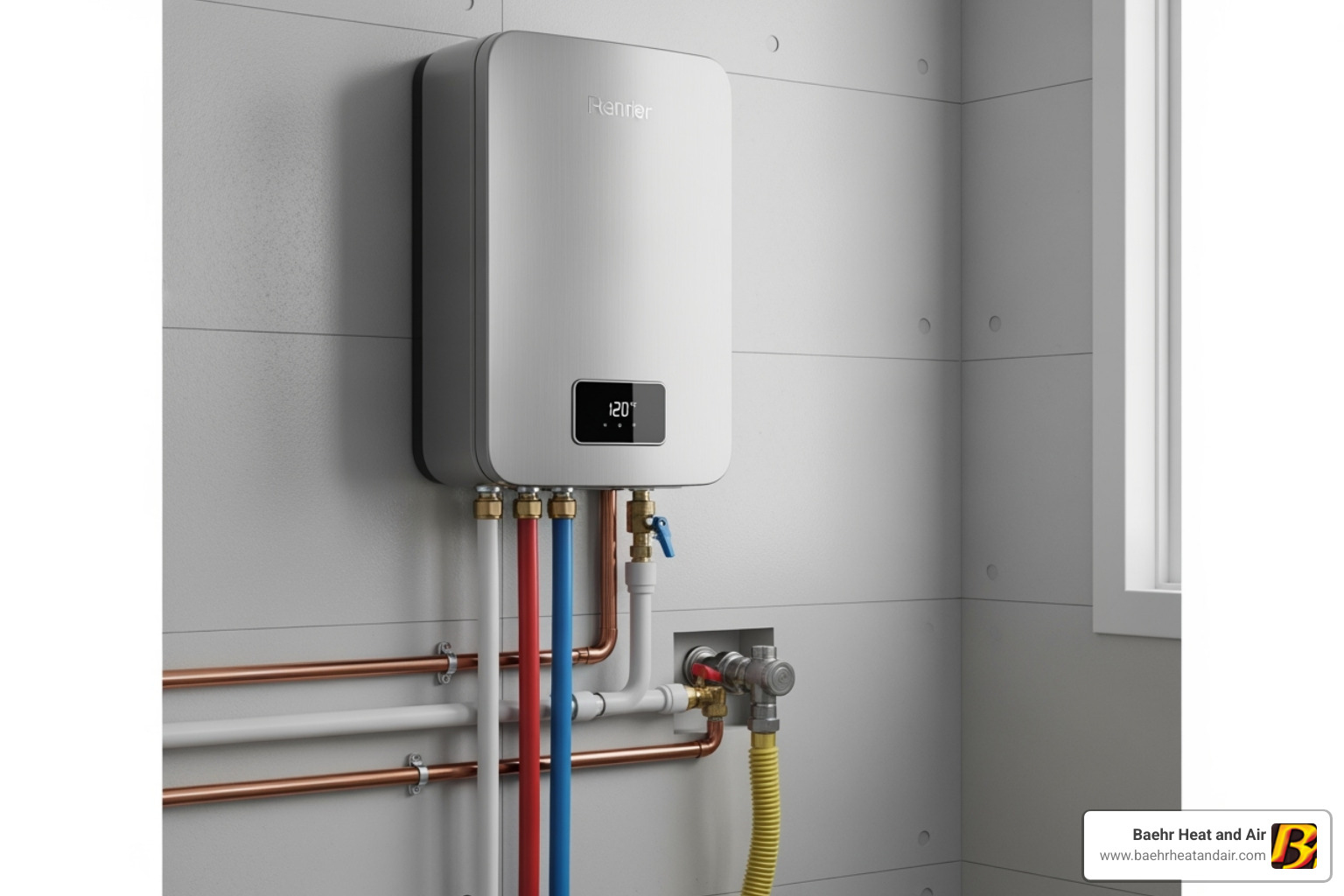 high-efficiency tankless water heater mounted on a wall - boiler water heater