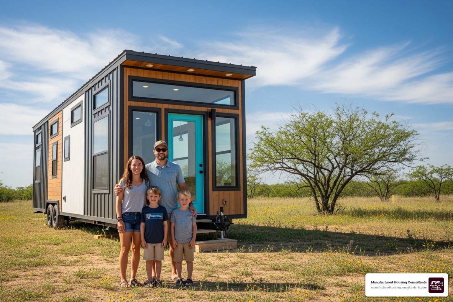 of a family standing proudly in front of their own new manufactured tiny home - tiny home rentals new braunfels