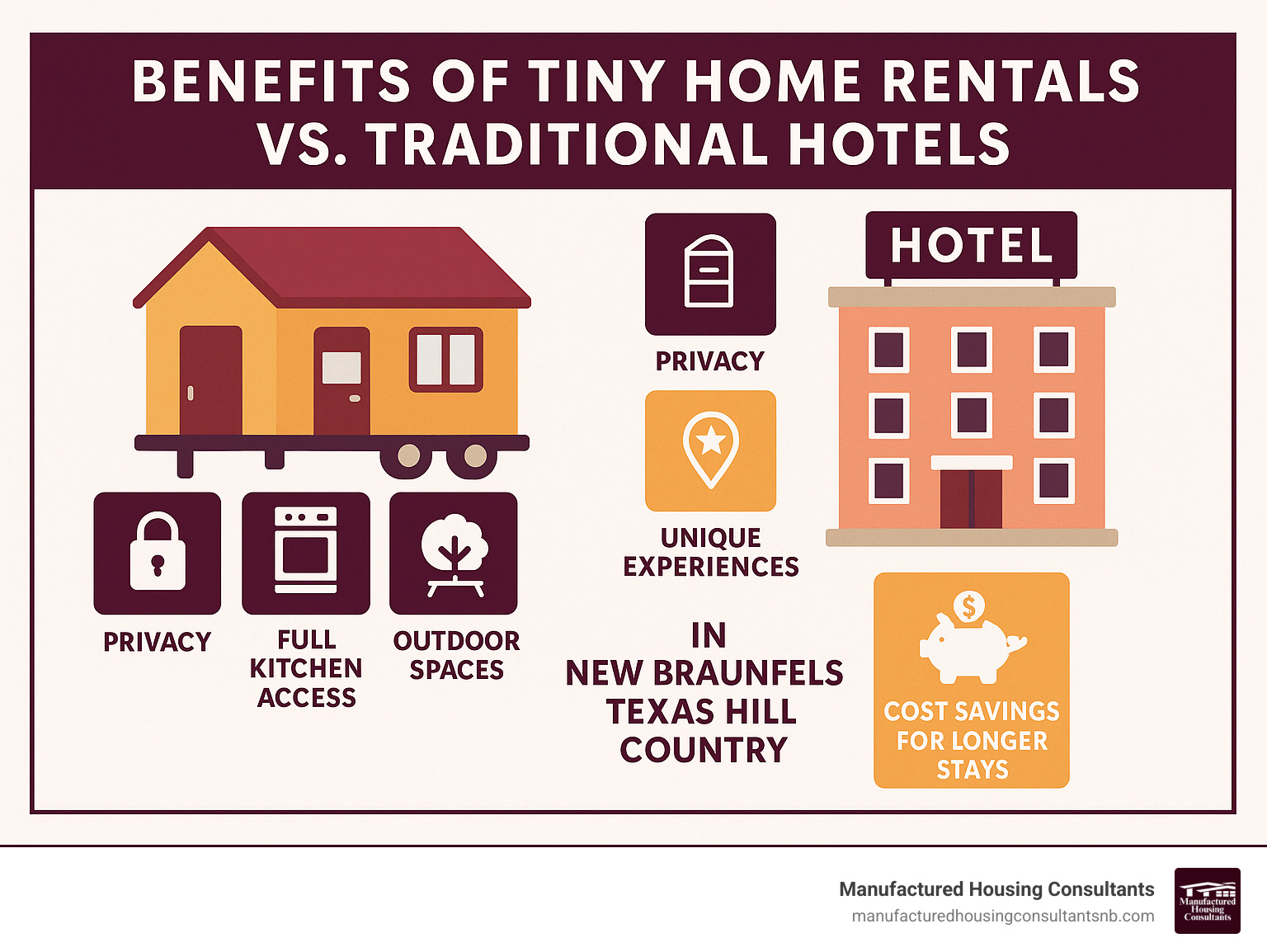 Benefits of tiny home rentals versus traditional hotels showing privacy, full kitchen access, unique experiences, outdoor spaces, and cost savings for longer stays in the New Braunfels Texas Hill Country area - tiny home rentals new braunfels infographic 
