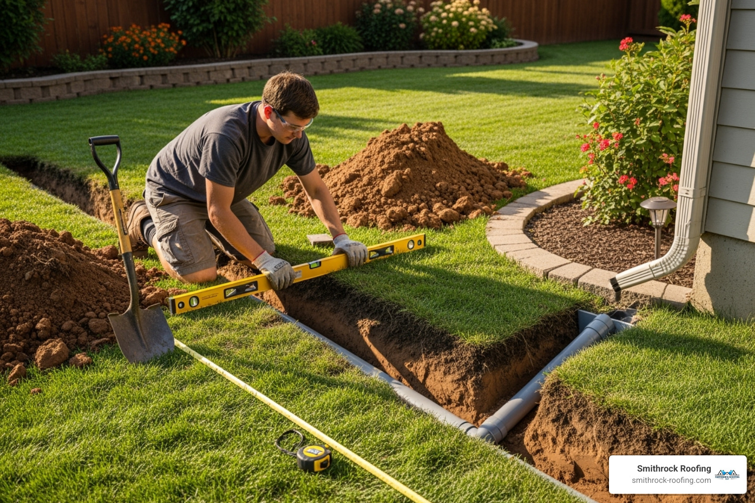 Person carefully digging a sloped trench, using a level to ensure proper grade for drainage - Buried gutter downspouts