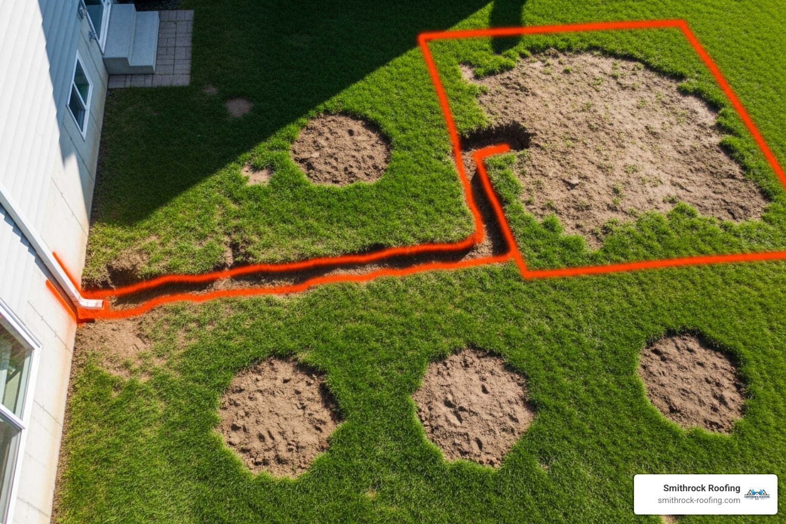 Yard marked with spray paint for trenching, showing a planned route for buried downspouts - Buried gutter downspouts