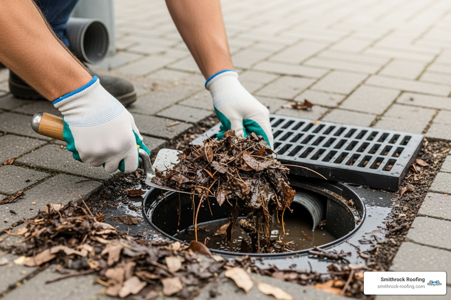 Person cleaning leaves and debris from a catch basin, highlighting the importance of regular maintenance - Buried gutter downspouts