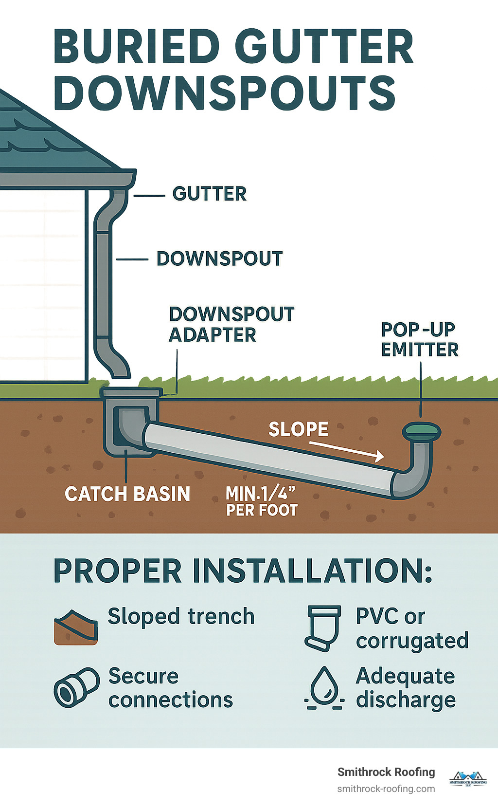 Comprehensive infographic showing cross-section of buried downspout system from roof gutter through underground pipe to pop-up emitter, including proper slope angles, connection methods, and key components like catch basins and adapters - Buried gutter downspouts infographic 