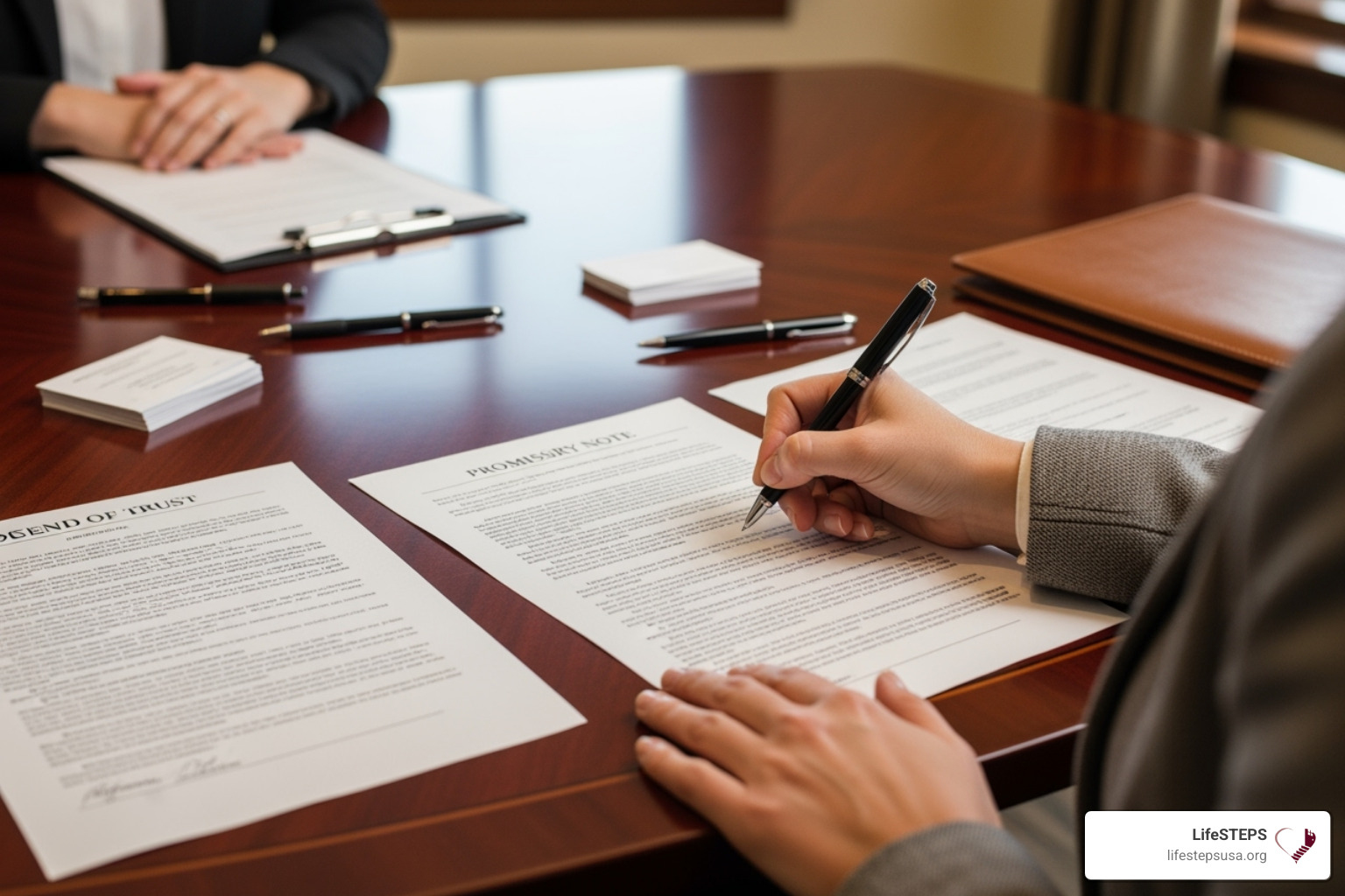 Person signing mortgage documents at a closing table - first time home ownership grants