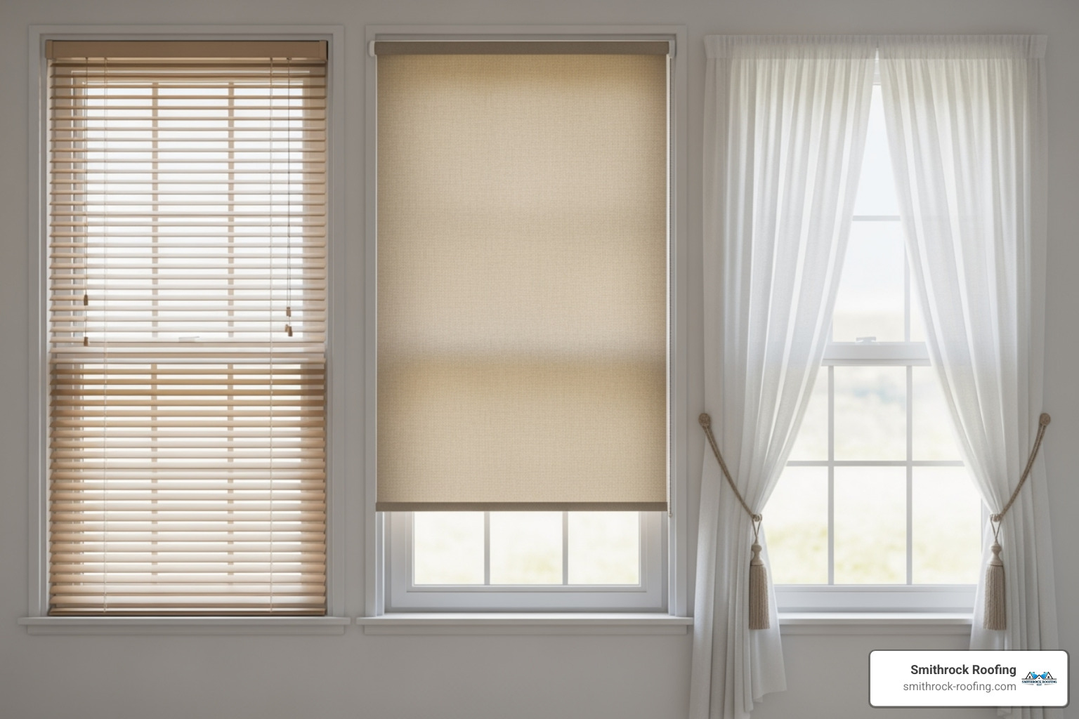 A clear side-by-side visual depiction of three identical windows. The first window shows a slatted blind, the second window features a fabric shade, and the third window displays a flowing curtain - best window blinds