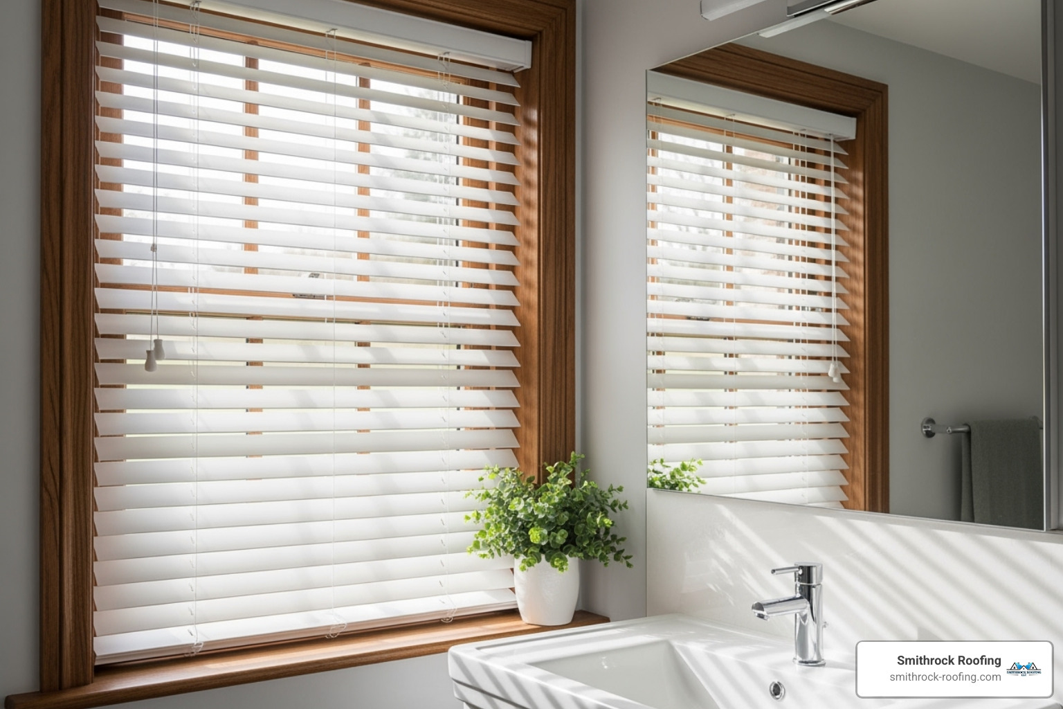 Classic white faux wood blinds installed in a stylish, well-lit bathroom, highlighting their resilience to moisture and neat appearance - best window blinds