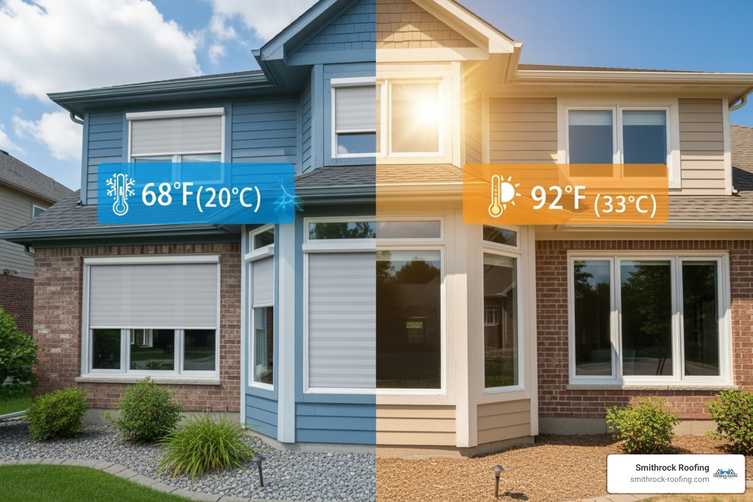 An illustration of a house with different window types, showing a thermometer indicating a cooler indoor temperature on one side of the house where energy-efficient blinds are installed, and a warmer temperature on the other side without them - best window blinds