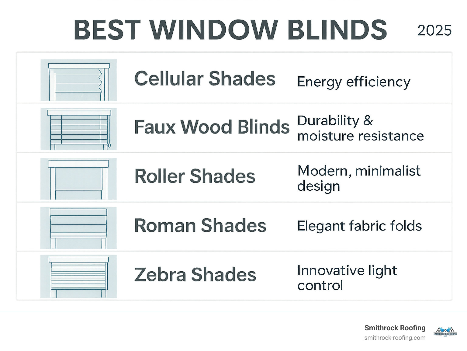 Comprehensive comparison infographic showing the top 5 types of window blinds with their key benefits: cellular shades for energy efficiency with honeycomb air pockets, faux wood blinds for durability and moisture resistance, roller shades for modern minimalist design, neat Roman shades for fabric folds, and zebra shades for innovative light control with alternating bands - best window blinds infographic 
