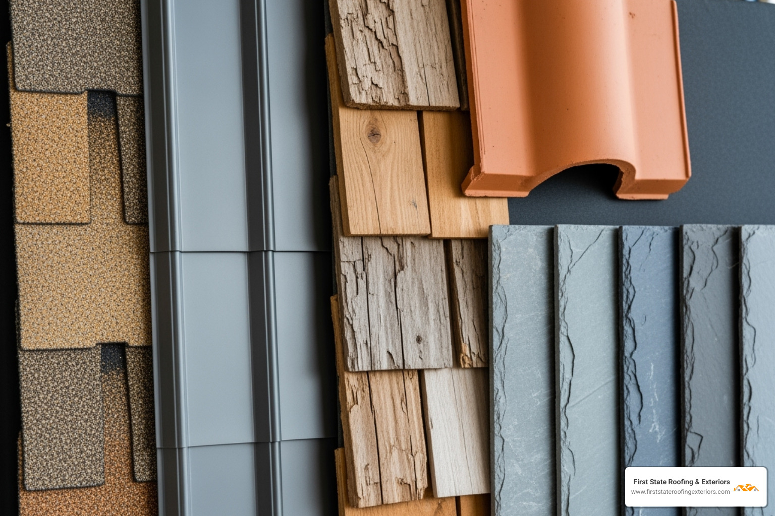 various roofing material samples like asphalt, metal, and cedar shake