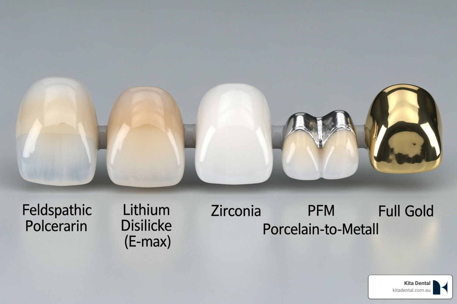 Image showing different types of modern, natural-looking dental crown materials like porcelain and zirconia - crown procedure Image showing different types of modern, natural-looking dental crown materials like porcelain and zirconia - crown procedure