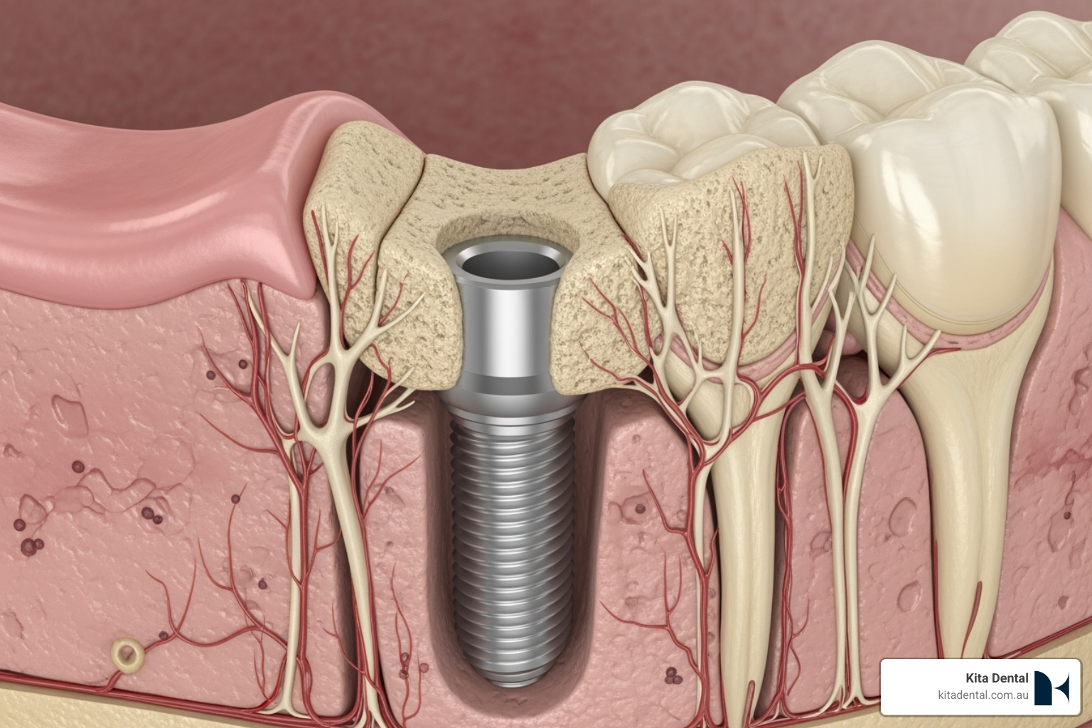 Image showing a diagram of a dental implant integrating with the jawbone - crown procedure Image showing a diagram of a dental implant integrating with the jawbone - crown procedure