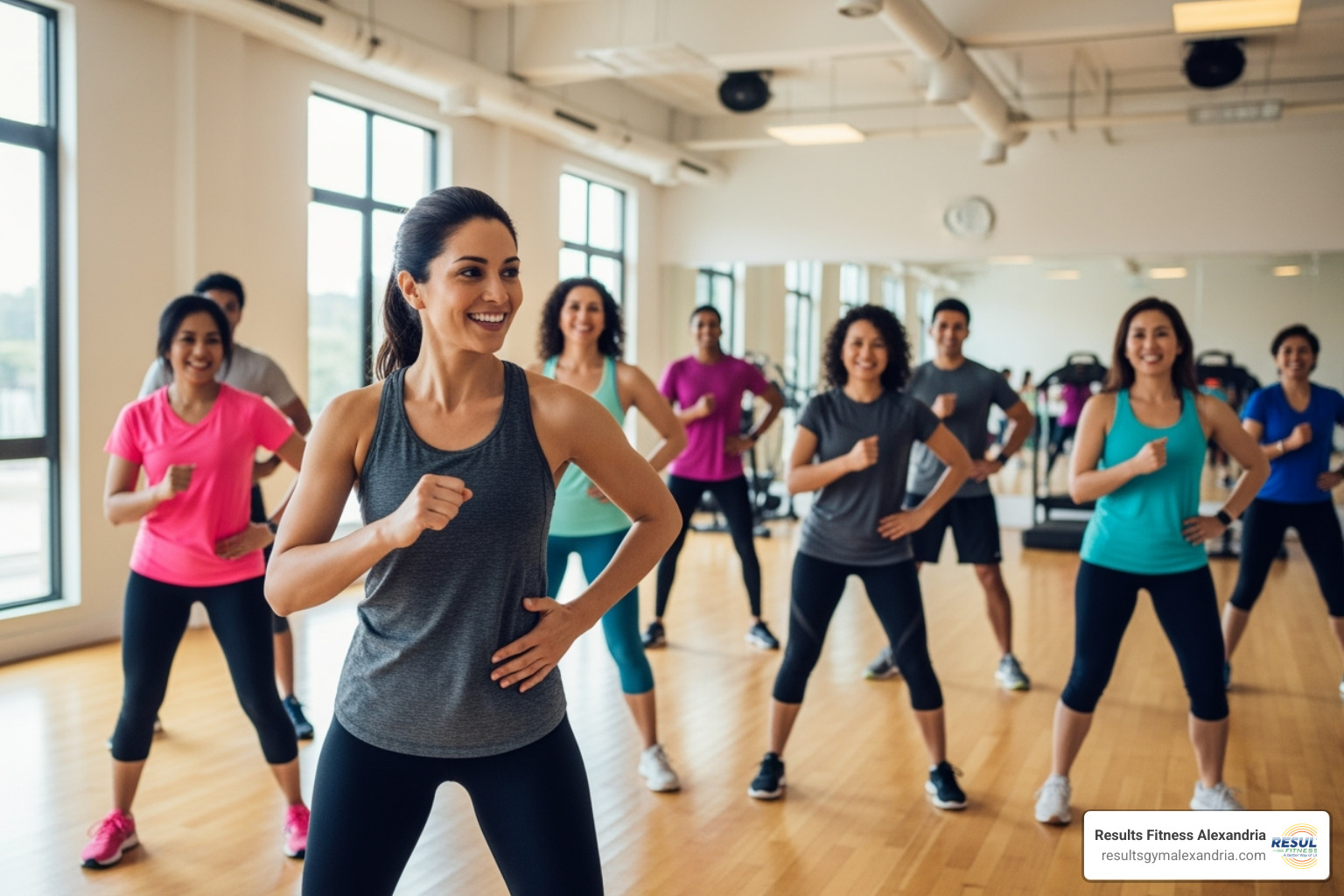 Friendly instructor demonstrating a move to a class - Aerobic fitness classes Friendly instructor demonstrating a move to a class - Aerobic fitness classes