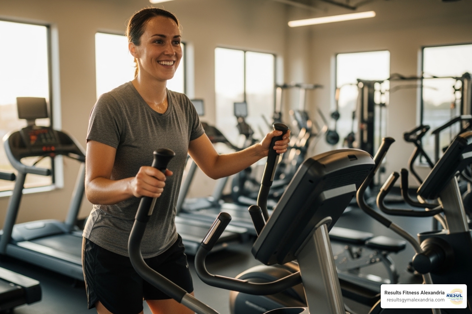 Person smiling while on a cardio machine - Aerobic fitness classes Person smiling while on a cardio machine - Aerobic fitness classes