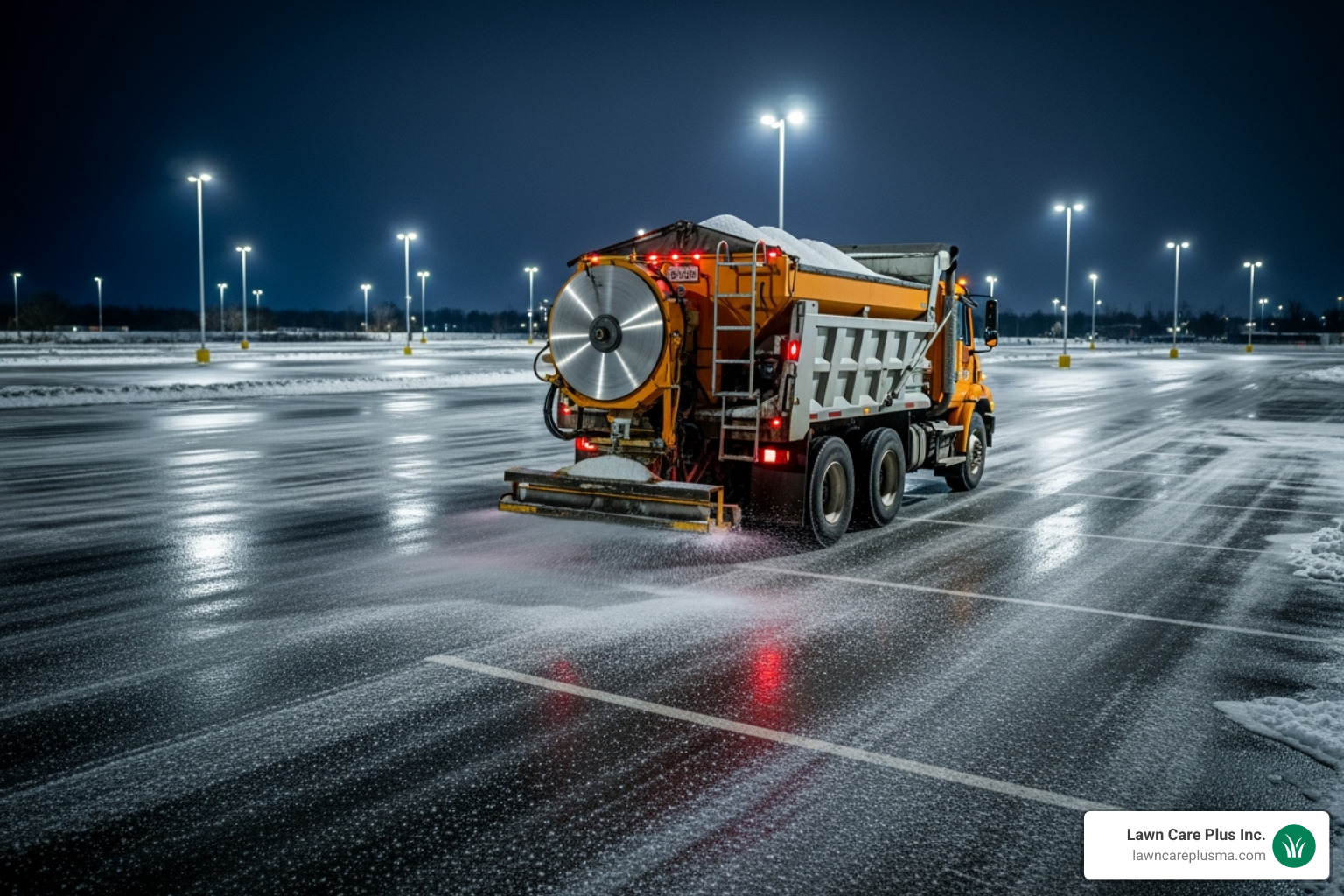 salt spreader truck treating an icy parking lot at night - how to charge for commercial snow removal salt spreader truck treating an icy parking lot at night - how to charge for commercial snow removal
