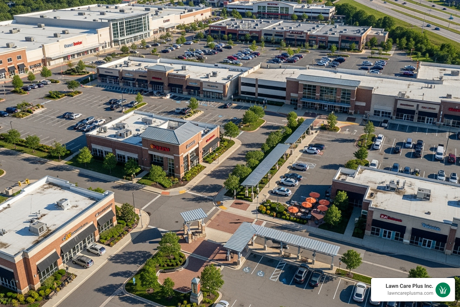 aerial view of a complex commercial property with parking lots and walkways highlighted - how to charge for commercial snow removal aerial view of a complex commercial property with parking lots and walkways highlighted - how to charge for commercial snow removal