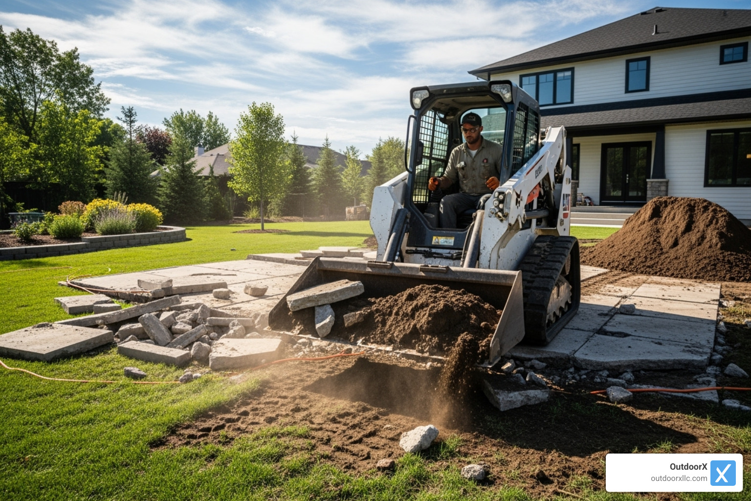 a landscaper operating a skid-steer loader - grading and landscaping companies near me