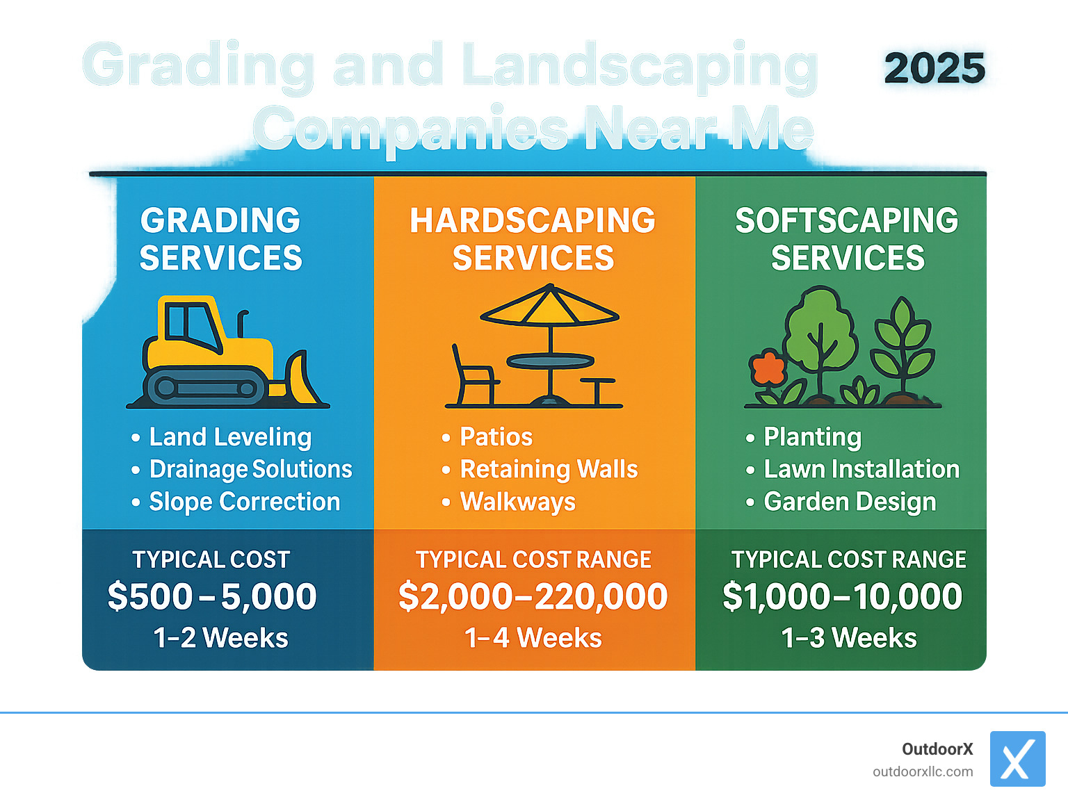 Comprehensive infographic showing the key differences between grading services (land leveling, drainage solutions, slope correction), hardscaping services (patios, retaining walls, walkways), and softscaping services (planting, lawn installation, garden design), with typical cost ranges and project timelines for each service category - grading and landscaping companies near me infographic 