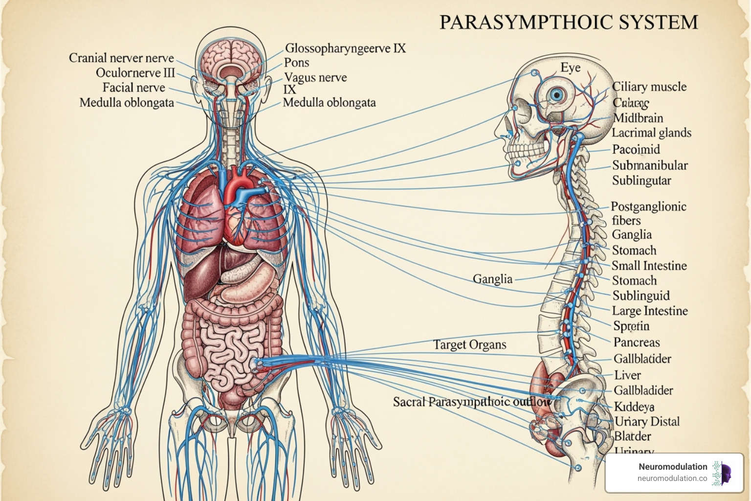 Detailed illustration of the craniosacral outflow, highlighting the origins of parasympathetic nerves from specific cranial nerves (III, VII, IX, X) in the brainstem and from the sacral spinal cord segments (S2-S4), showing their pathways to various target organs. - what is the function of the parasympathetic nervous system