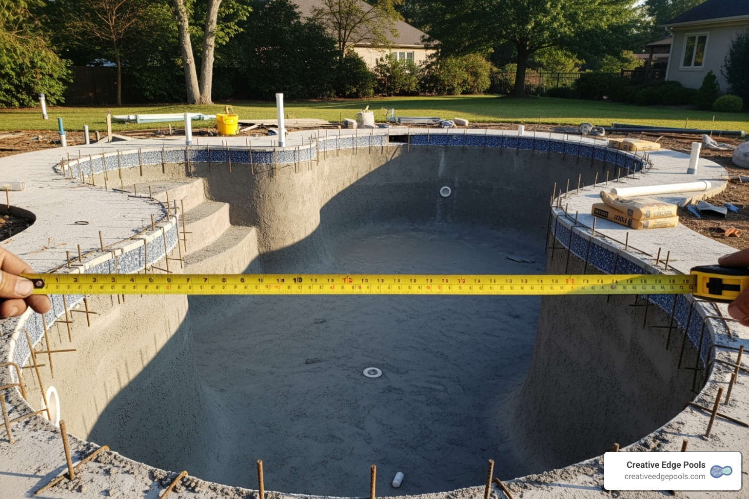 A measuring tape being used to measure the dimensions of a gunite pool - pool water cost per gallon A measuring tape being used to measure the dimensions of a gunite pool - pool water cost per gallon