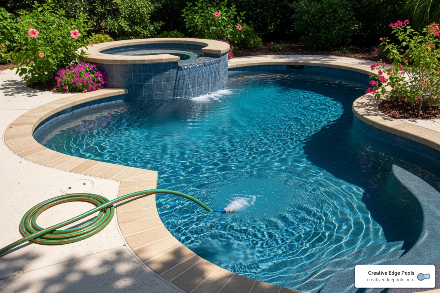A garden hose filling a beautiful backyard gunite pool - pool water cost per gallon A garden hose filling a beautiful backyard gunite pool - pool water cost per gallon