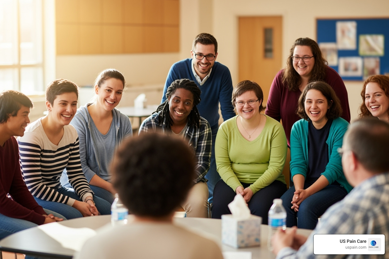 diverse group of people in a support meeting, smiling - vivitrol