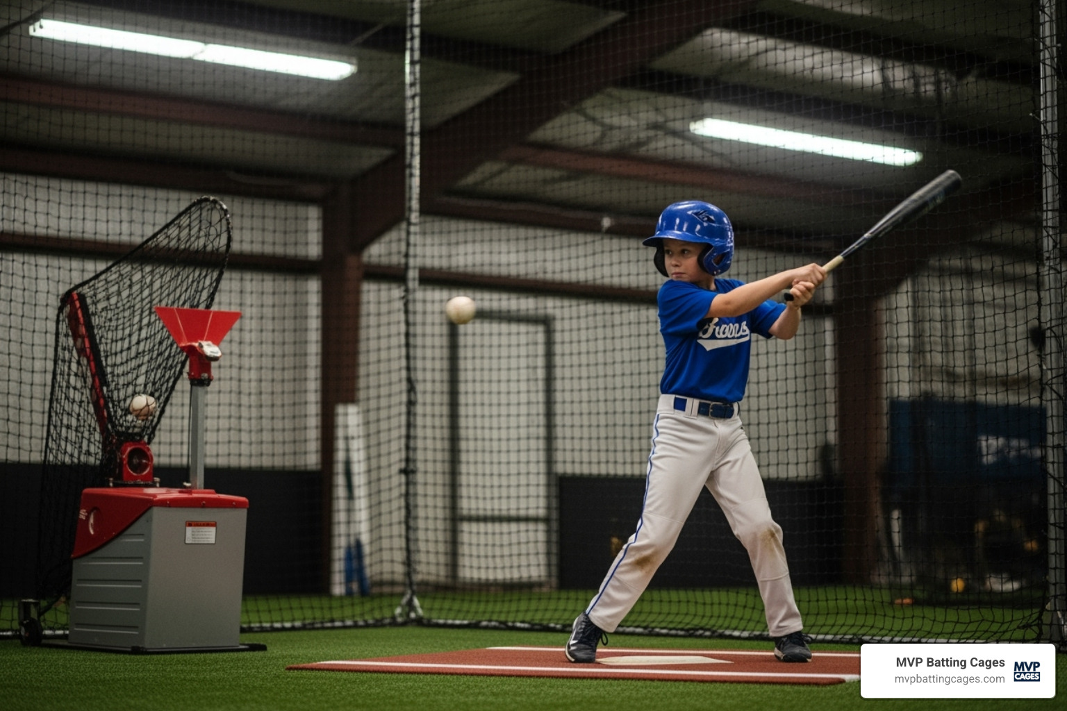 Youth player hitting ball in indoor batting cage - Gilbert youth baseball