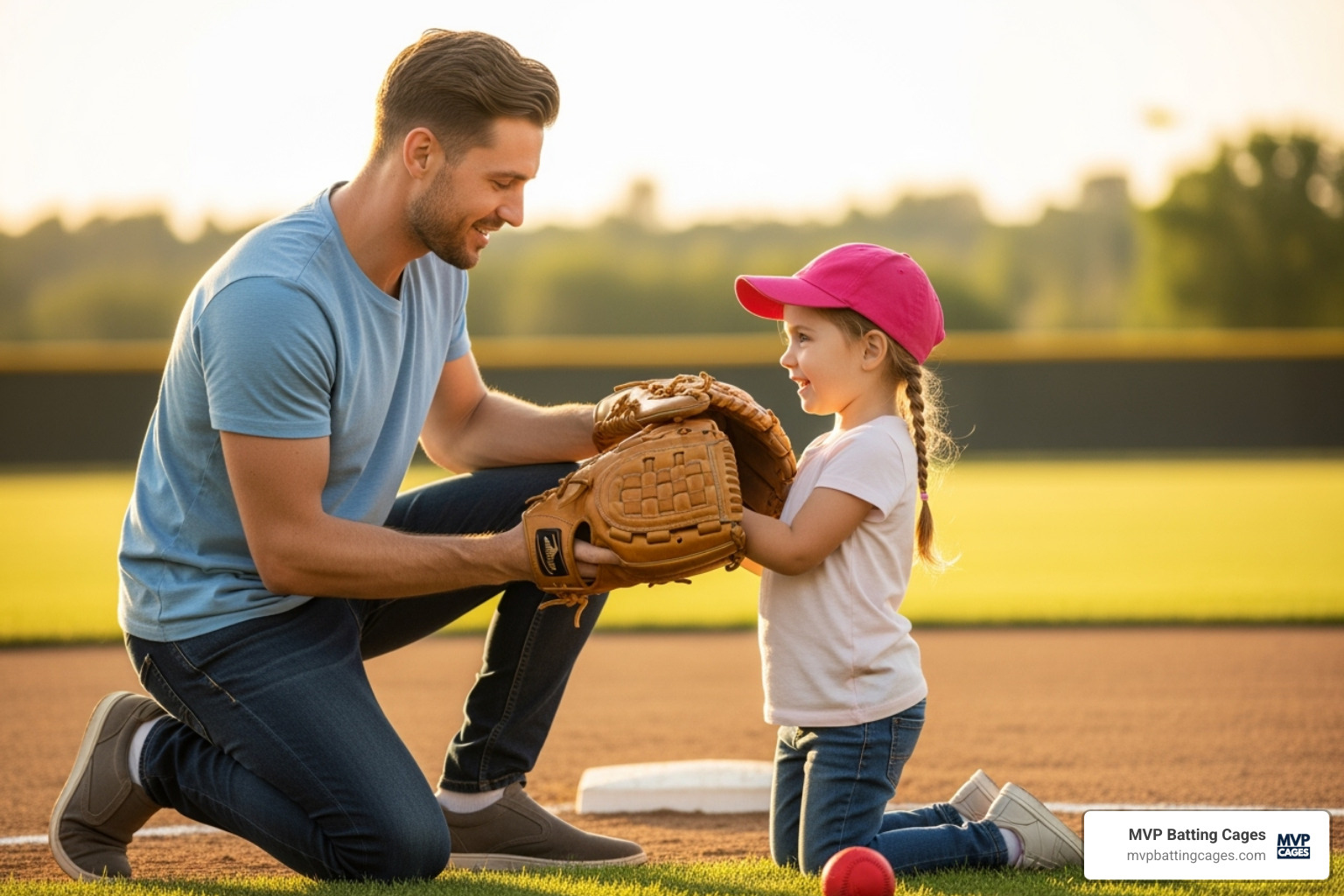 Parent helping child put on baseball glove - Gilbert youth baseball