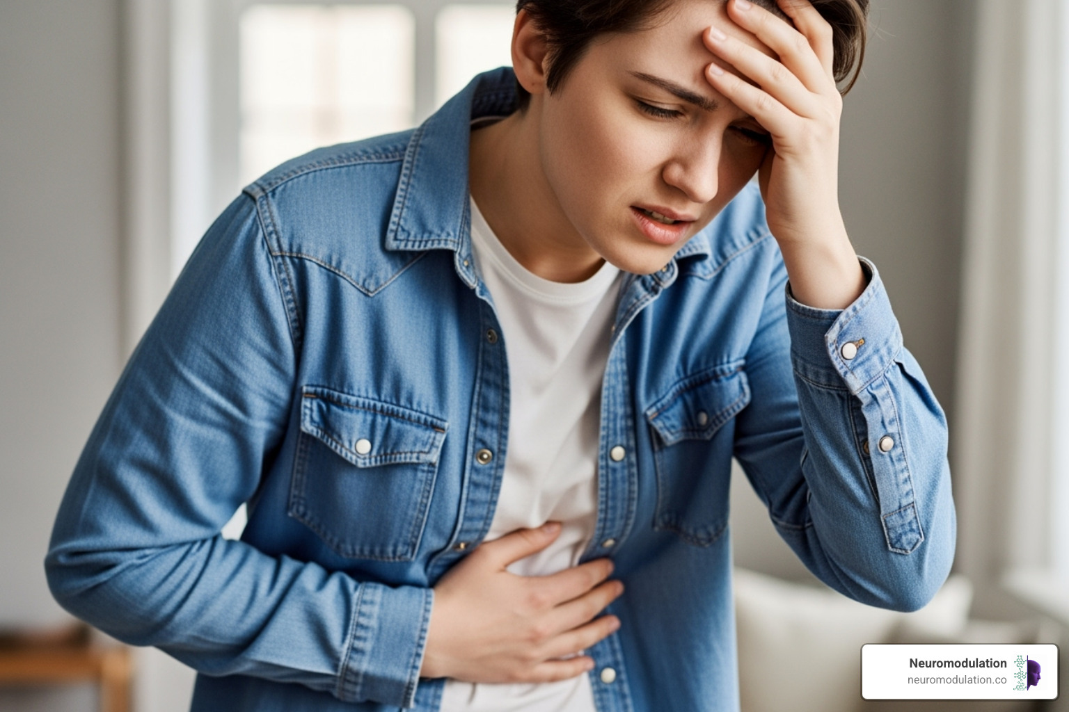 Person experiencing dizziness and digestive discomfort, indicating symptoms of vagal dysfunction - vagus parasympathetic function