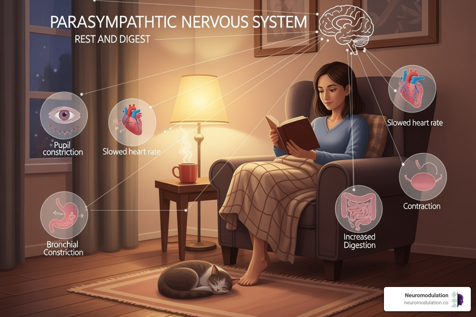 Diagram illustrating the effects of parasympathetic nervous system activation on various organs, including the eyes (pupil constriction), heart (decreased heart rate), lungs (bronchoconstriction), stomach (increased digestion), and bladder (contraction for urination). - what is the function of the parasympathetic nervous system