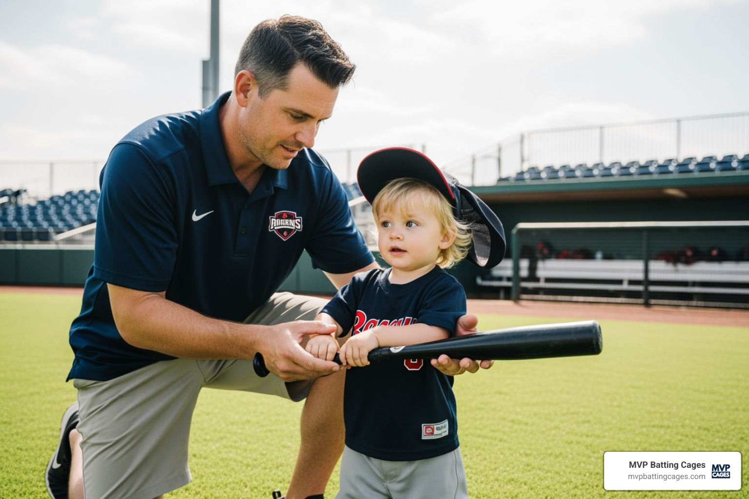 Image of a coach working with a very young player on holding a bat - baseball training classes