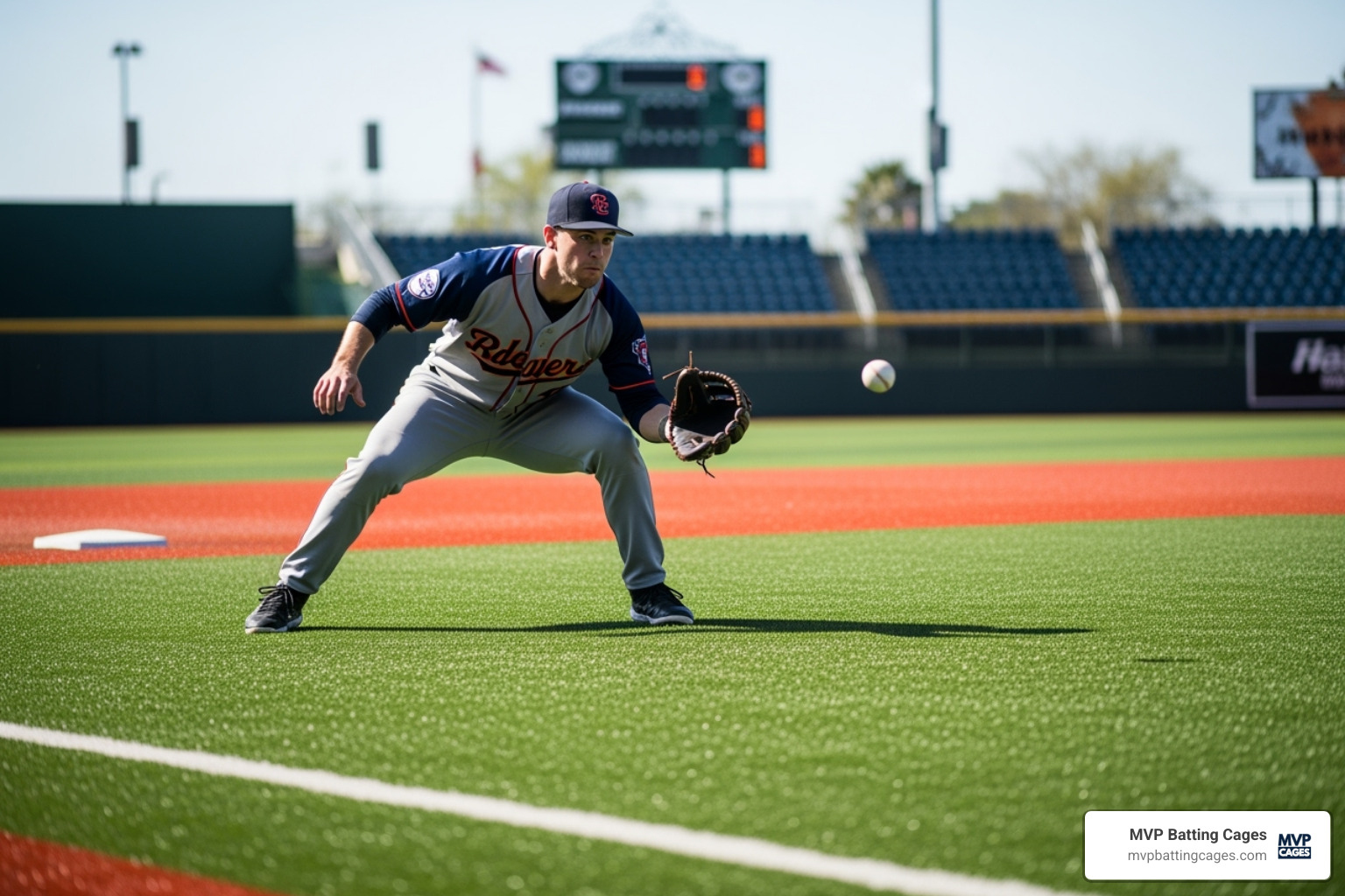 Image of a player practicing fielding drills on turf - baseball training classes
