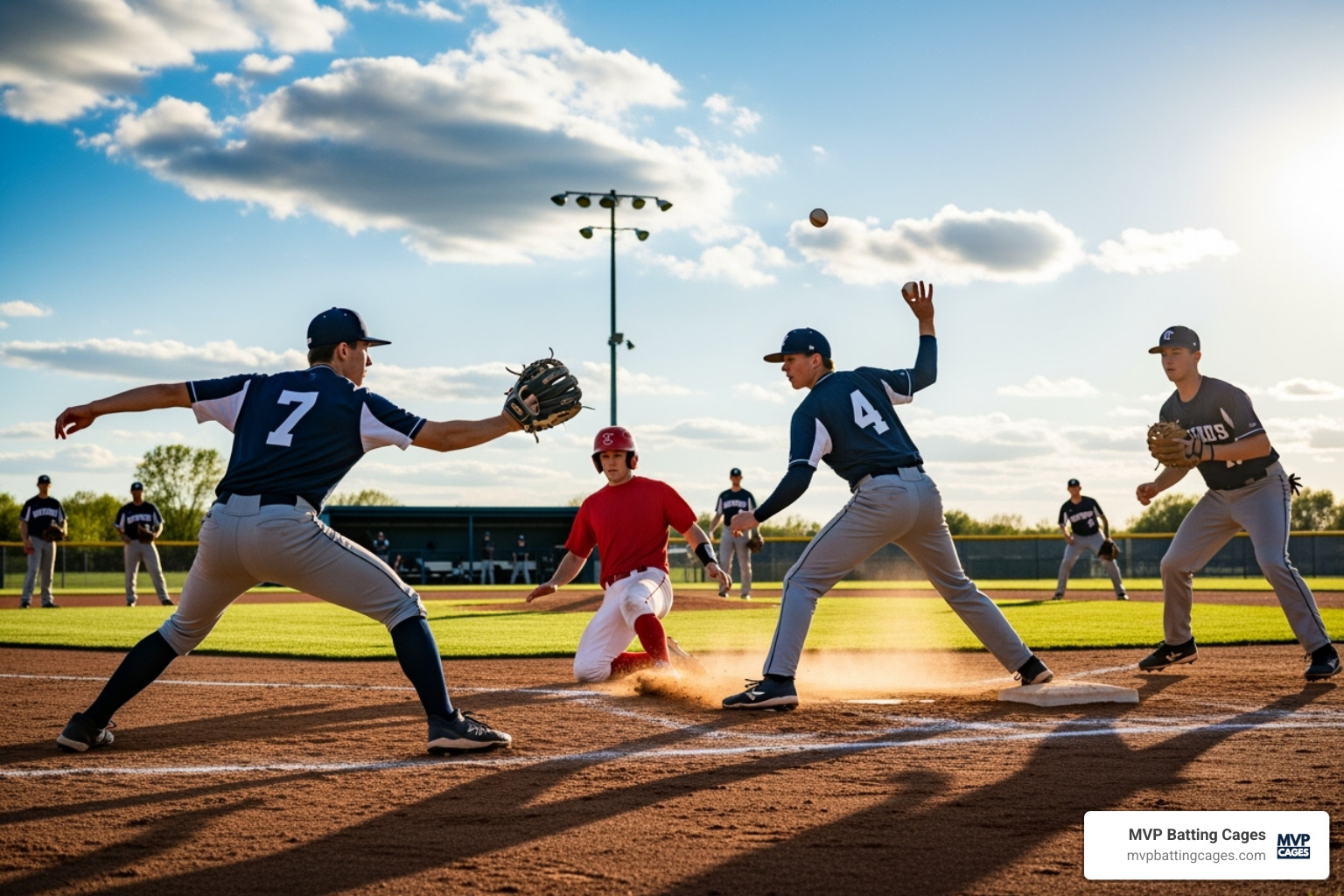 Image of a high school team practicing a double play - Baseball skill development