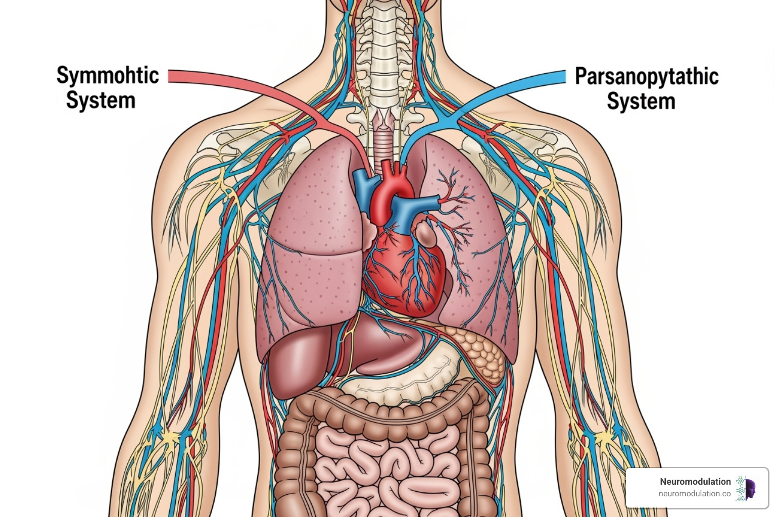 Diagram illustrating the balance between the sympathetic and parasympathetic nervous systems, showing dual innervation of organs and their opposing effects to maintain homeostasis - vagus parasympathetic function