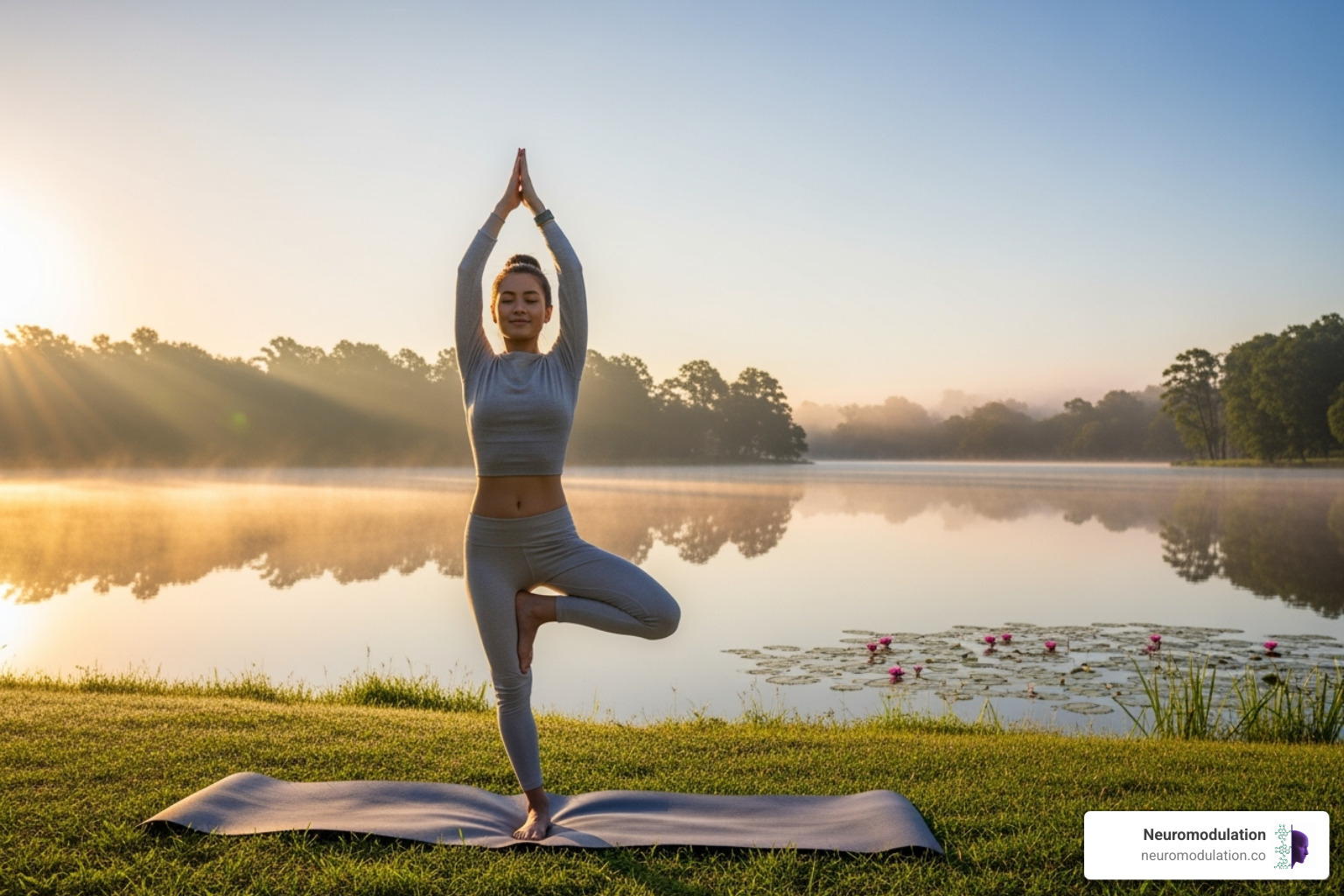 A person practicing a gentle yoga pose in a tranquil, natural setting - parasympathetic nervous system activation examples A person practicing a gentle yoga pose in a tranquil, natural setting - parasympathetic nervous system activation examples