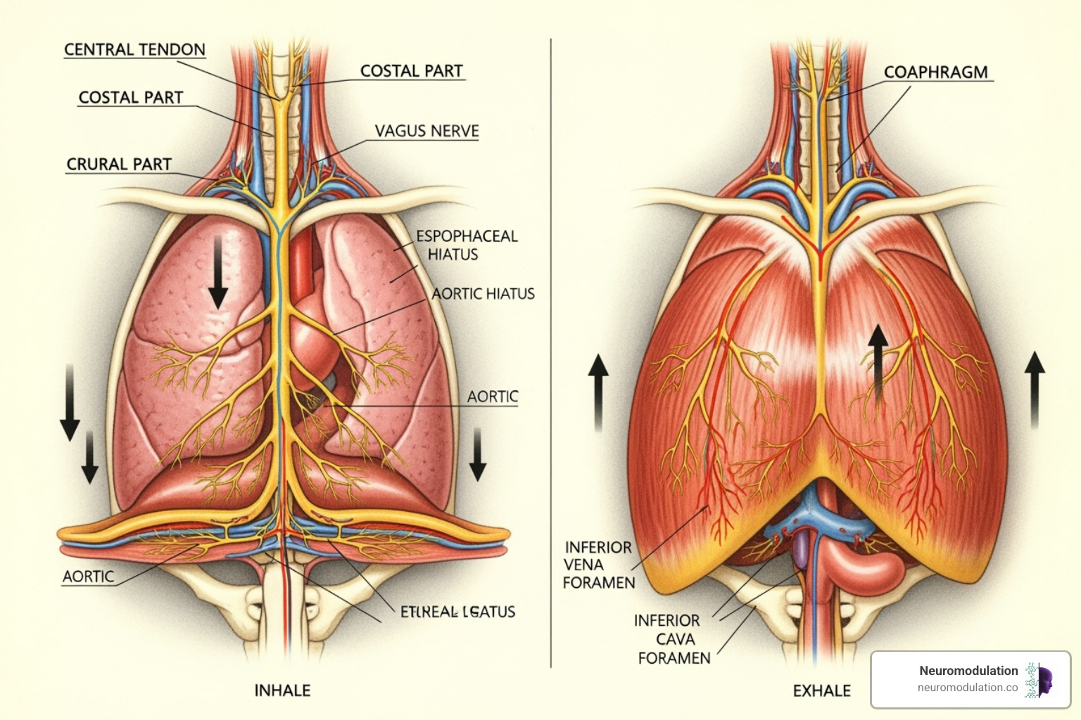 A detailed diagram illustrating the diaphragm muscle's movement during diaphragmatic breathing, showing inhale and exhale phases and its connection to the vagus nerve - parasympathetic nervous system activation examples A detailed diagram illustrating the diaphragm muscle's movement during diaphragmatic breathing, showing inhale and exhale phases and its connection to the vagus nerve - parasympathetic nervous system activation examples