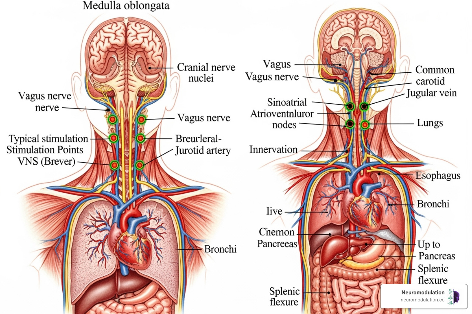 A clinically accurate illustration of the vagus nerve pathway from the brainstem, through the neck, and innervating key organs in the chest and abdomen, with emphasis on points of stimulation for VNS devices - parasympathetic nervous system activation examples A clinically accurate illustration of the vagus nerve pathway from the brainstem, through the neck, and innervating key organs in the chest and abdomen, with emphasis on points of stimulation for VNS devices - parasympathetic nervous system activation examples