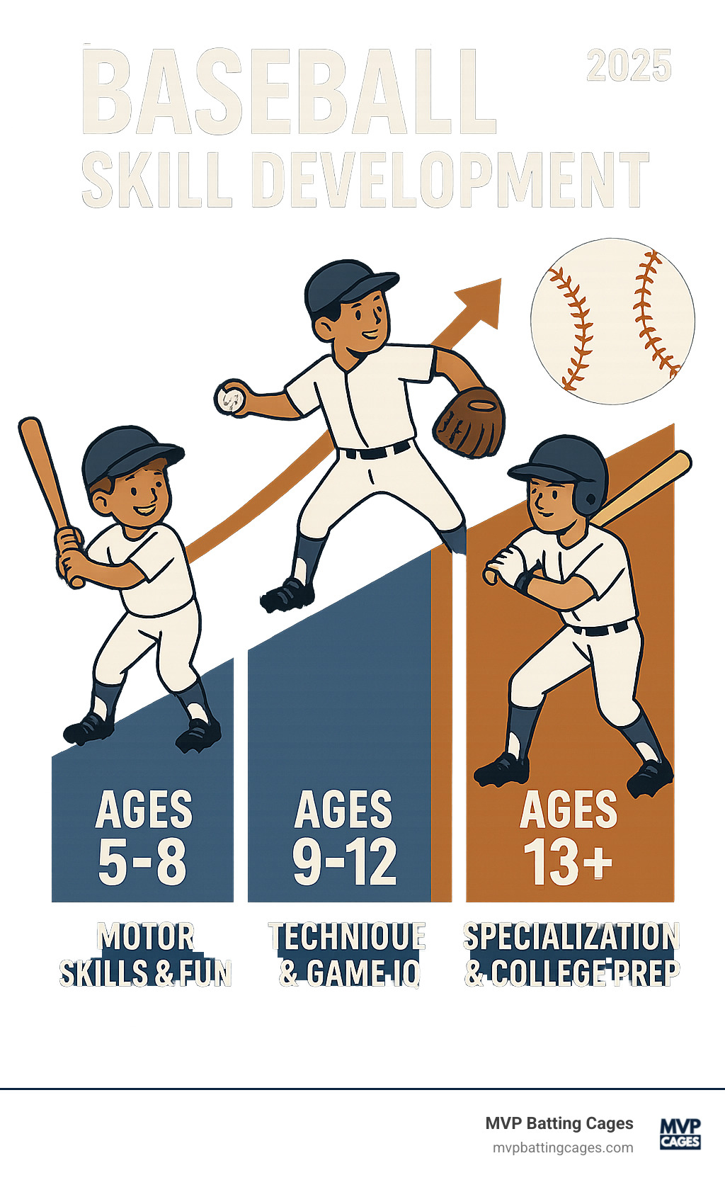 Infographic showing the progression of baseball skill development from ages 5-18, including fundamental skills at each stage: Ages 5-8 focus on motor skills and fun activities, Ages 9-12 emphasize technique and game IQ, Ages 13+ advance to specialization and college preparation - Baseball skill development infographic 