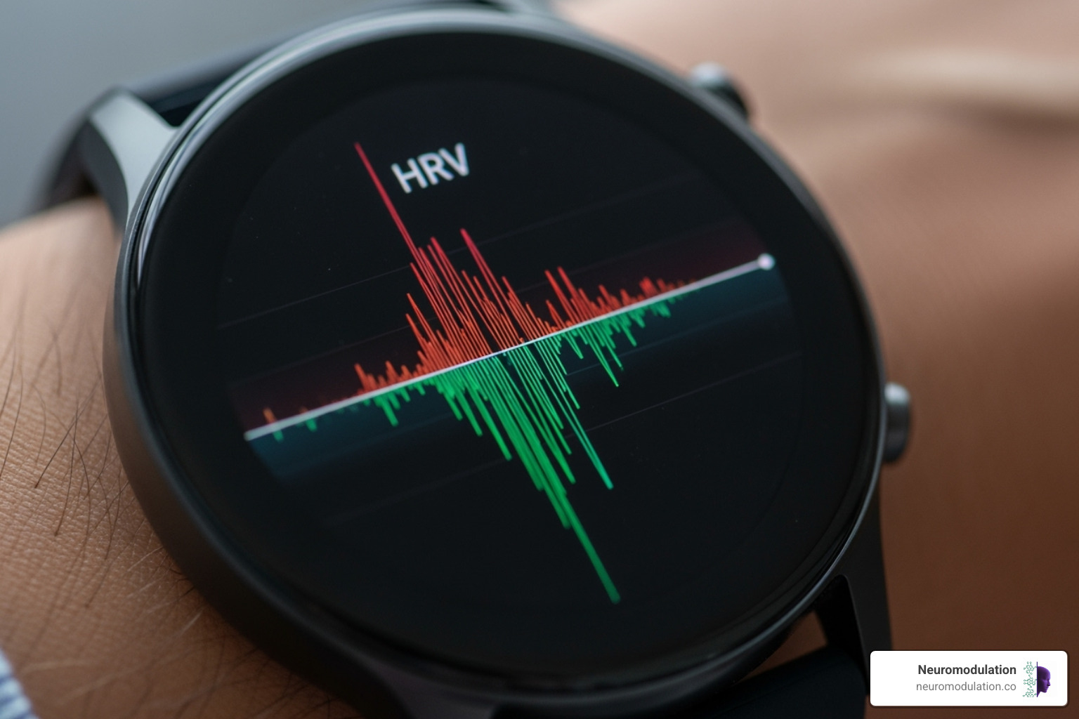 Wearable device showing Heart Rate Variability (HRV) data on a screen displaying a healthy, varied waveform - activation of parasympathetic nervous system