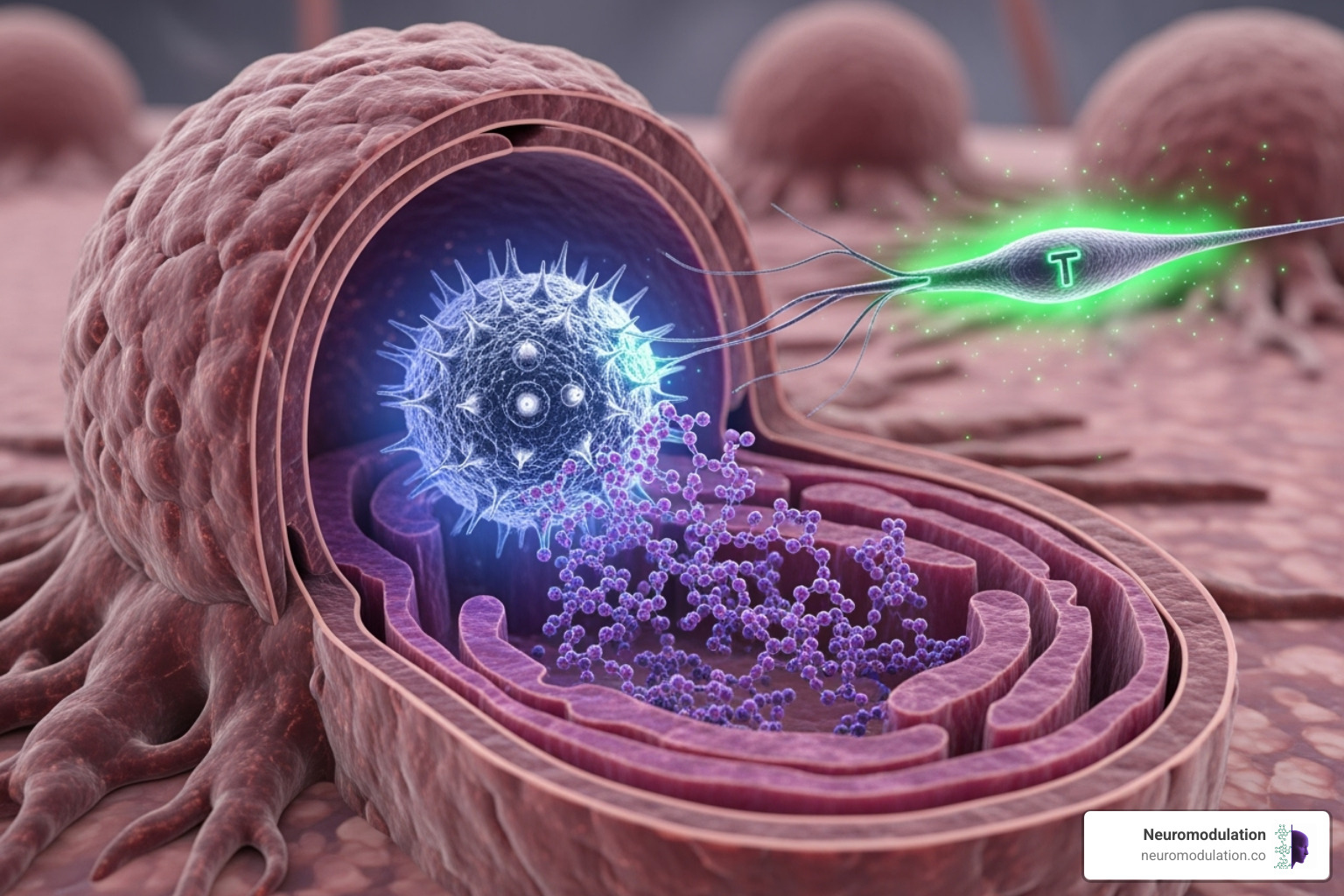 Advanced nanoparticle designed to release chemotherapy drugs directly into a cancer cell while simultaneously delivering an immunotherapy agent to activate immune cells against the tumor, illustrating a synergistic approach to overcome resistance and improve immune response - cancer drug delivery and targeting