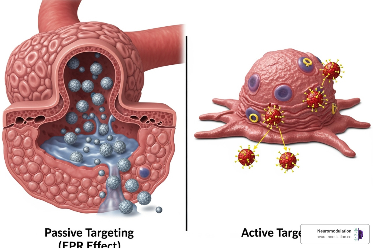 Illustration showing passive targeting where nanoparticles accumulate in leaky tumor vasculature via the EPR effect, and active targeting where nanoparticles bind to specific receptors on cancer cells using attached ligands - cancer drug delivery and targeting