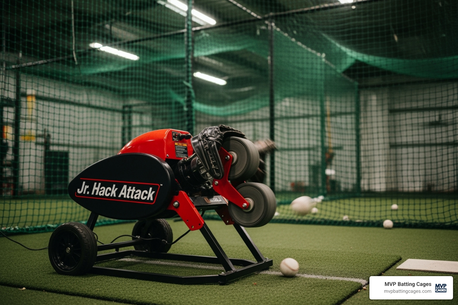 A Jr Hack Attack pitching machine delivering a pitch in an indoor batting cage - Batting cages open