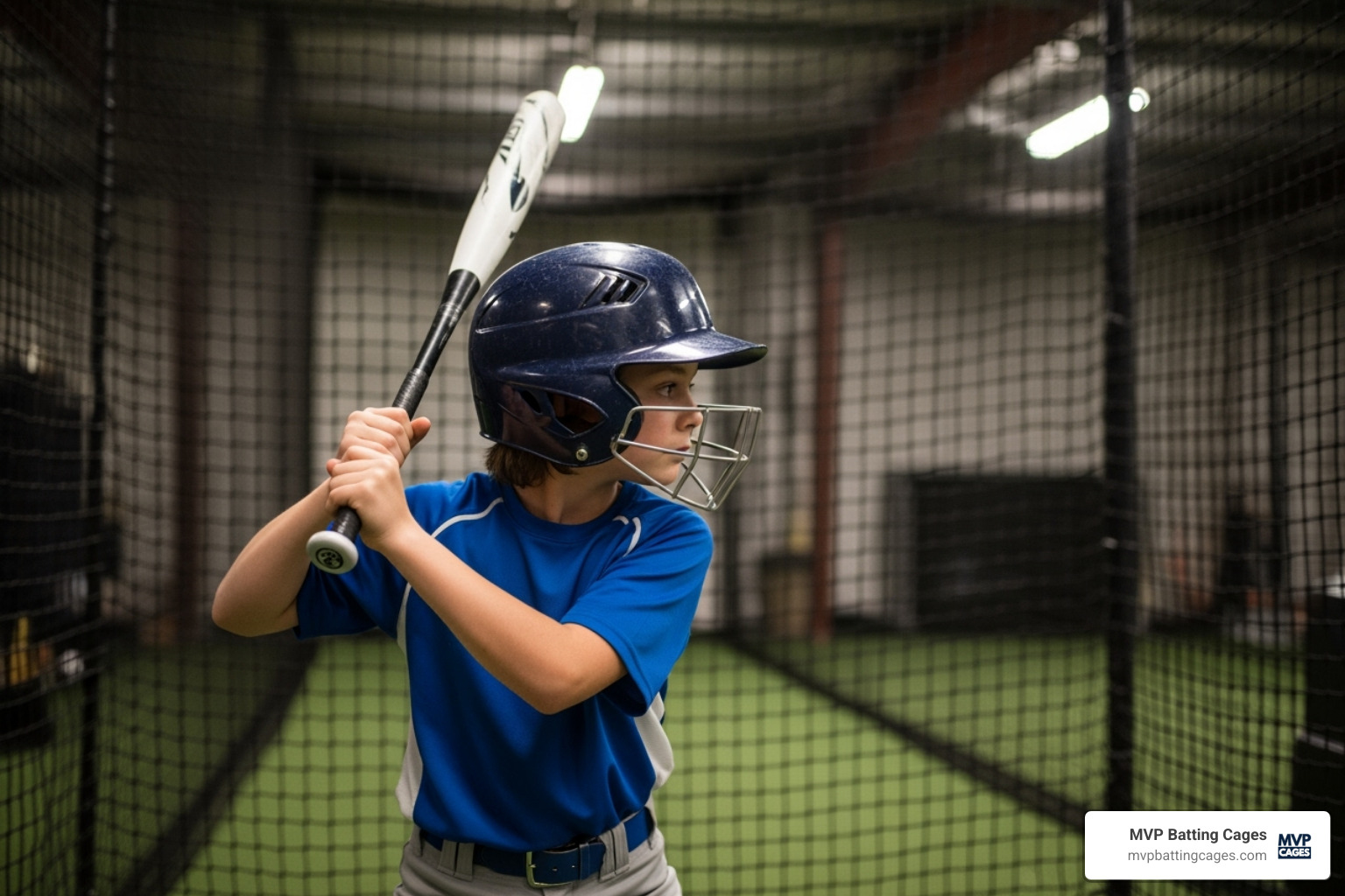 A young batter wearing a helmet and holding a bat, ready to swing inside a batting cage - Batting cages open