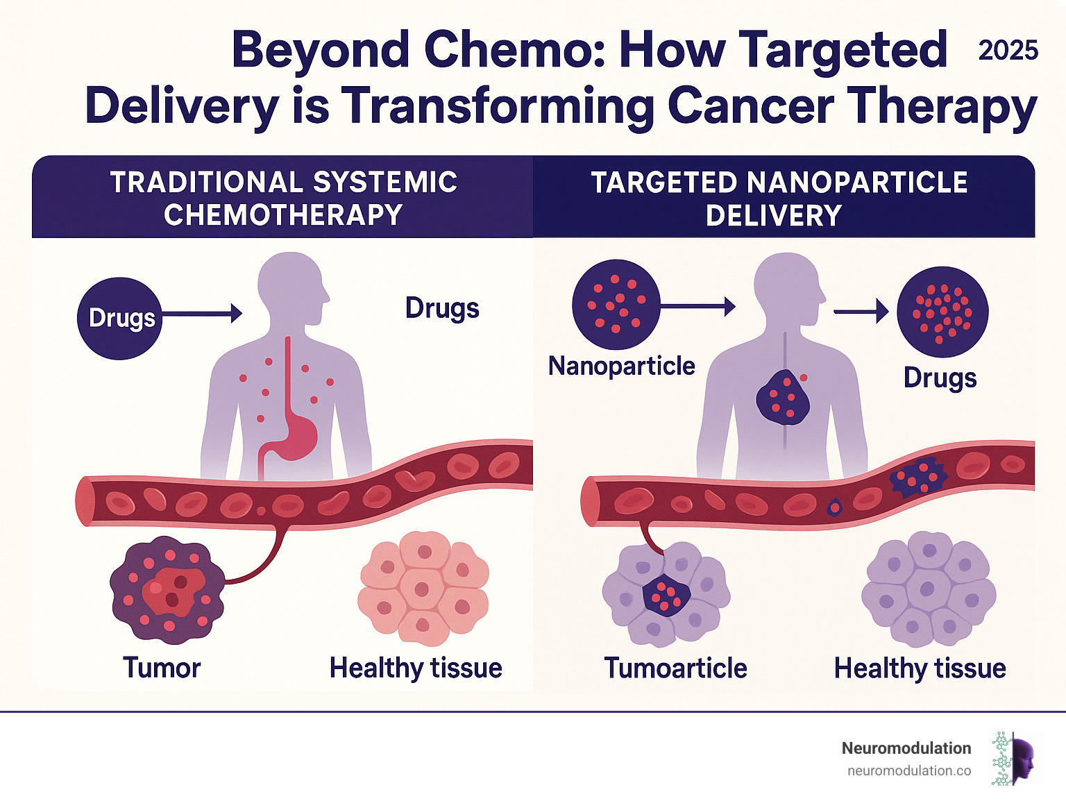 Comprehensive comparison showing traditional systemic chemotherapy distributing drugs throughout the body versus targeted nanoparticle delivery systems specifically concentrating therapeutic agents at tumor sites while avoiding healthy tissues, including detailed pathway illustrations and cellular-level mechanisms - cancer drug delivery and targeting infographic 
