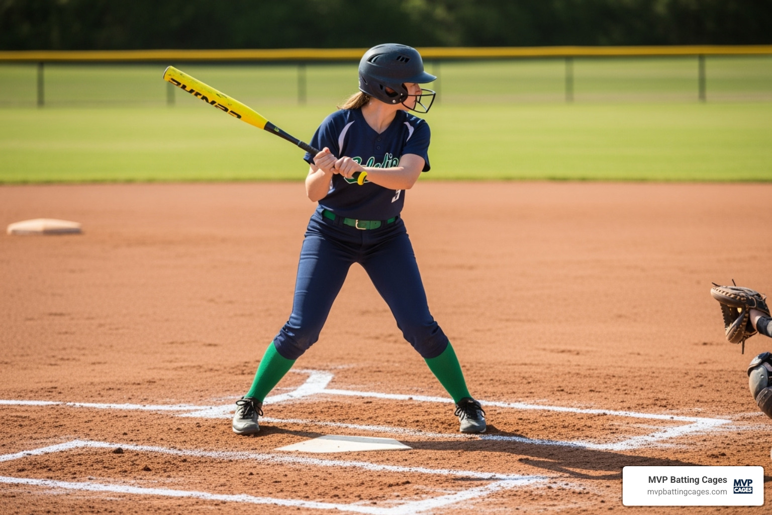 Diagram showing a proper softball stance with feet shoulder-width apart, slight knee bend, balanced weight, and a relaxed grip with aligned knuckles. - Softball swing mechanics
