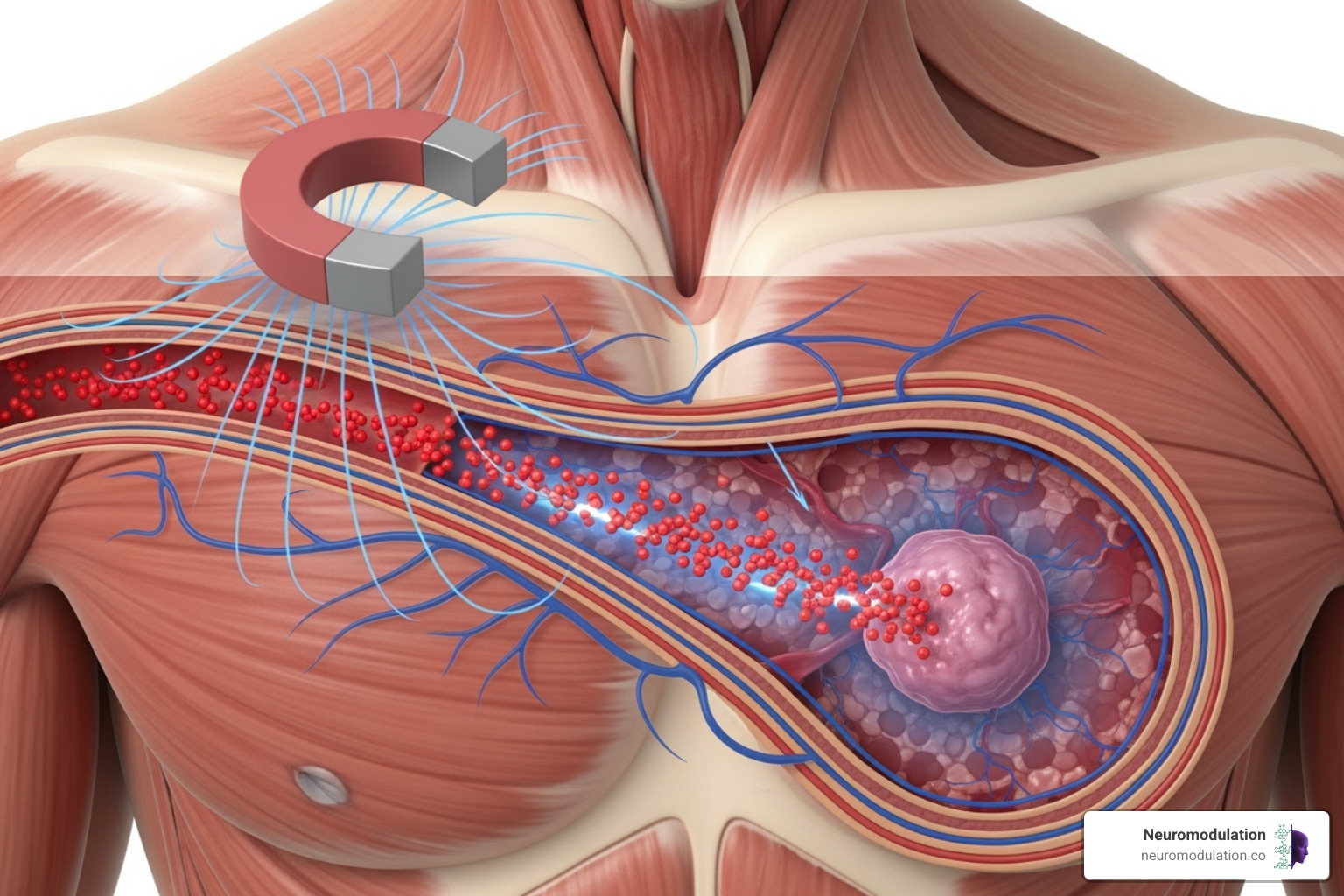 external magnet guiding nanoparticles through blood vessels to a tumor - magnetic drug targeting