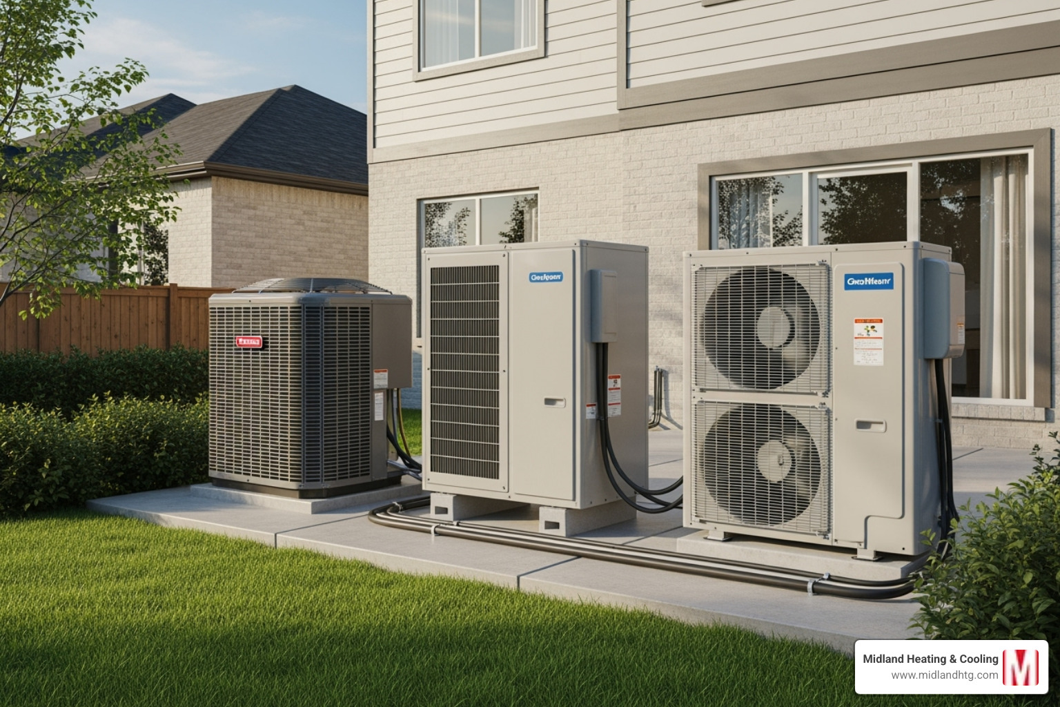 A central AC unit, a ductless mini-split, and a heat pump side-by-side - Cooling system installation