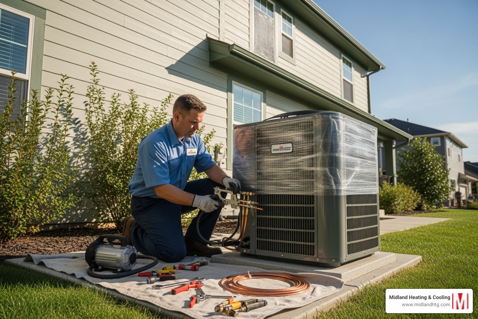 A certified technician installing an outdoor condenser unit - Cooling system installation