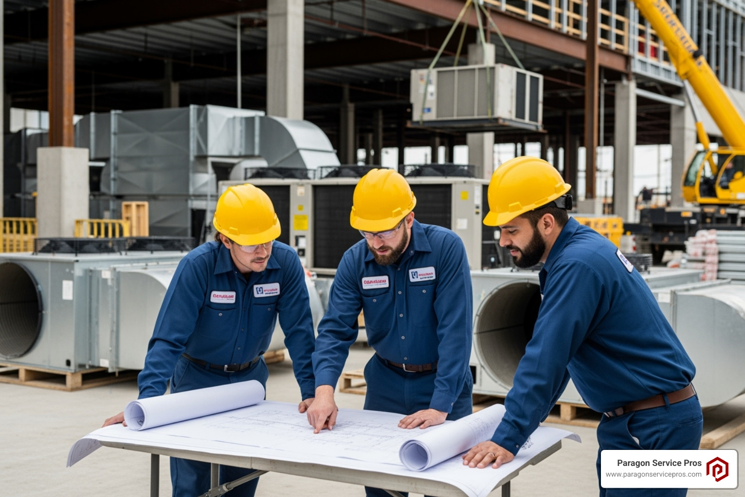 HVAC technicians reviewing blueprints - commercial ac install gilbert HVAC technicians reviewing blueprints - commercial ac install gilbert