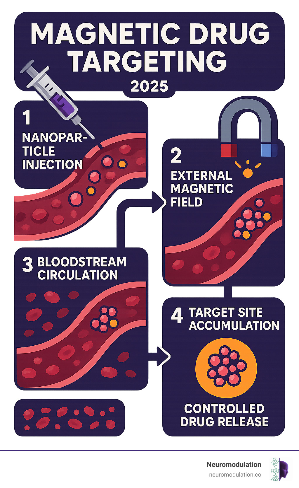 Comprehensive diagram showing magnetic drug targeting process from nanoparticle injection through bloodstream circulation, external magnetic field application, target site accumulation, and controlled drug release mechanisms - magnetic drug targeting infographic 