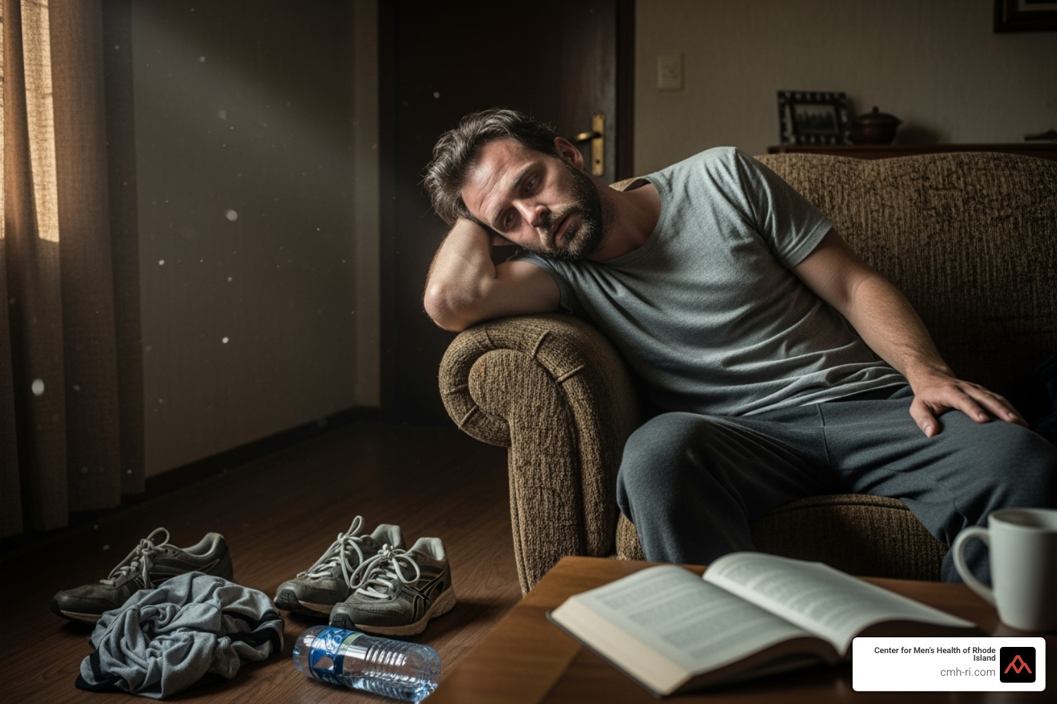 Man feeling tired and lacking energy, contemplating exercise - low free testosterone symptoms